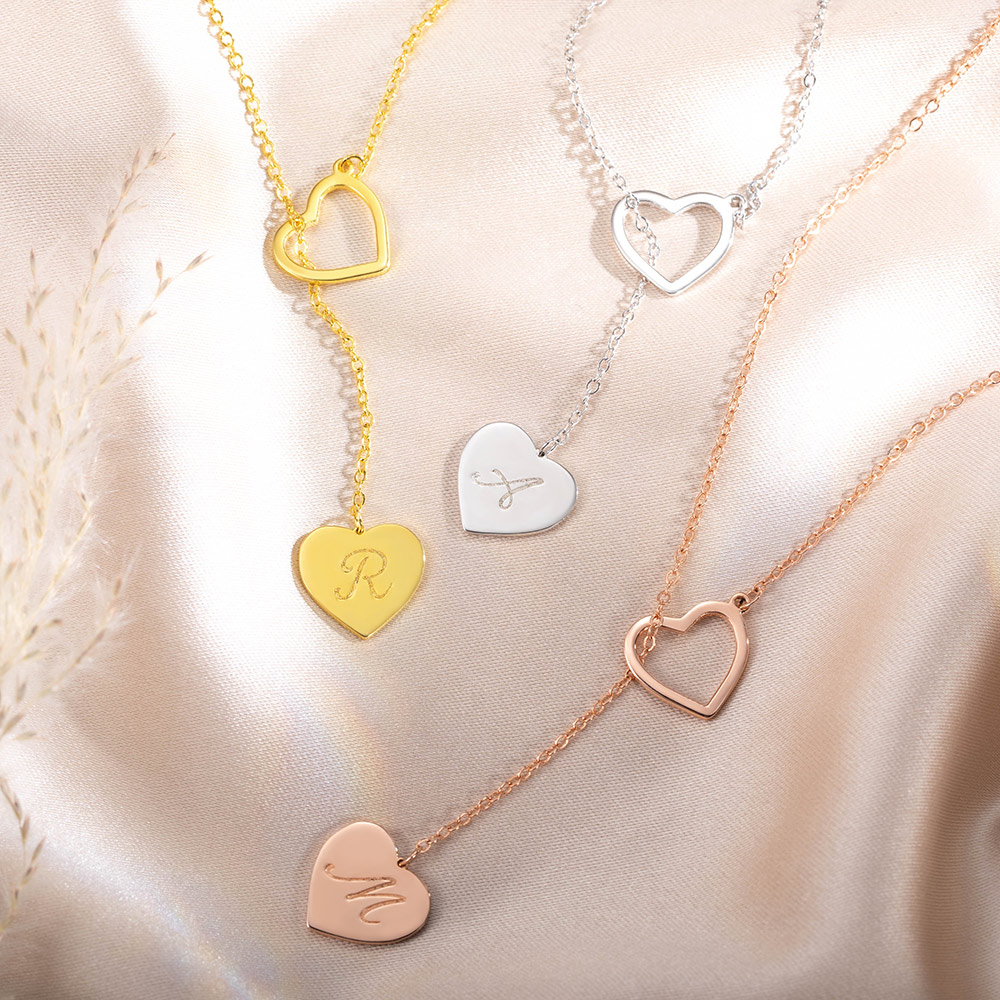 Double Heart Lariat Necklace Dainty Sterling Silver with Engraved Initial Mother's Day Gift for Women