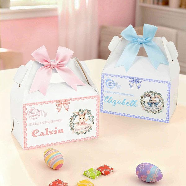 Scatola regalo personalizzata con fiocco per coniglietto pasquale felice con maniglia e nome Regalo di festa di Pasqua per bambini