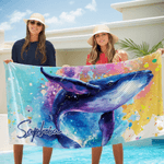 Personalized Watercolor Style Whale Quick Dry Oversized Beach Towel with Name Summer Vacation Travel Gift for Girls Women