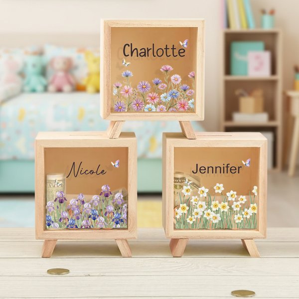 Personalized Birth Flower Wooden Money Box Piggy Bank with Name Back to School Children's Day Birthday Gift for Kids