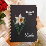 Cahier de notes à spirales A5 avec nom et pages d'agenda hebdomadaire et mensuel personnalisé Fleur de naissance 2026 Cadeau d'anniversaire pour la famille et les amis