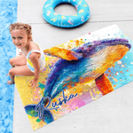 Personalized Watercolor Style Whale Quick Dry Oversized Beach Towel with Name Summer Vacation Travel Gift for Girls Women