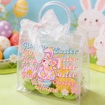 Personlig Happy Easter Y2K Bunny Transparent presentpåse med namn och rosa rosettband Äggjakt Festprylar Påskpresent till barn