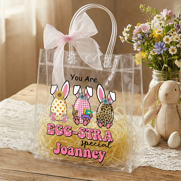 Personalised Cute Easter Eggs Bunny Ears Clear Gift Bag with Name and Pink Bow Ribbon Easter Egg Hunting Party Favors Gift for Kids