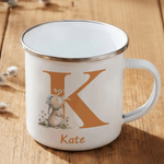 Personalized Cute Wreath Flower Easter Bunny 12 oz Coloured Rim Enamel Mug with Name and Initial Easter Birthday Gift for Boys Girls