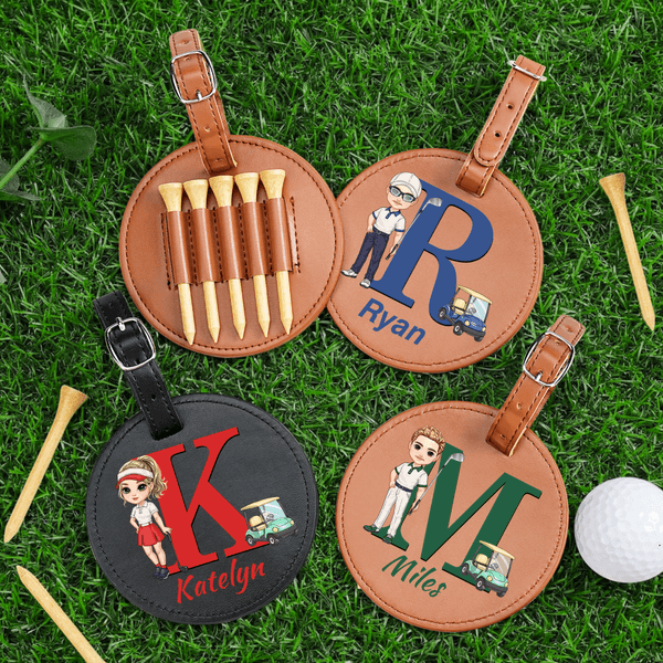 Personifierad tecknad karaktär Justerbar PU läder Golf Tee Holder Bag Tag med namn Sport Födelsedagspresent för golfare Golfspelare