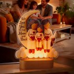 Gepersonaliseerd Cartoon Karakter Familie Maan Hart Acryl LED Nachtlampje met Naam en Houten Base Kamer Decor Verjaardagscadeau voor familie Mama Papa
