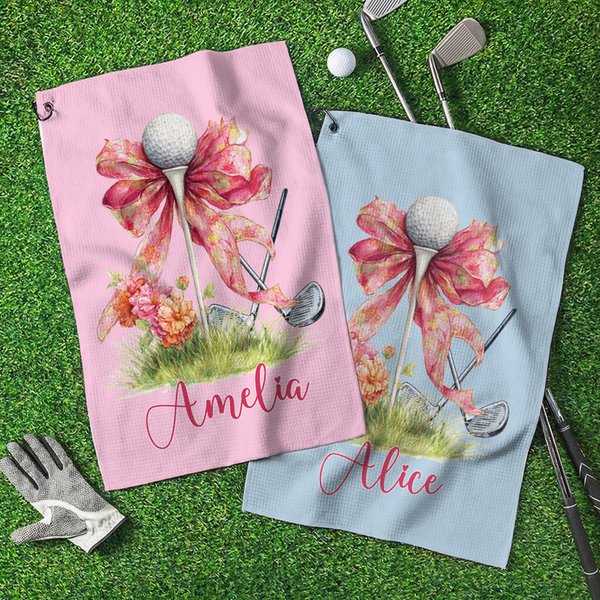 Personalisierte Floral Bow Golf Classic Quick Dry Waffel Golf Handtuch mit Namen und Karabiner Clip Golf Zubehör Geburtstagsgeschenk für Golfspieler