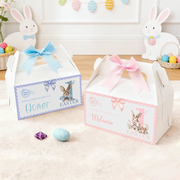 Scatola regalo personalizzata con fiocco del coniglietto pasquale con maniglia e nome Regalo di Pasqua per bambini e bambine