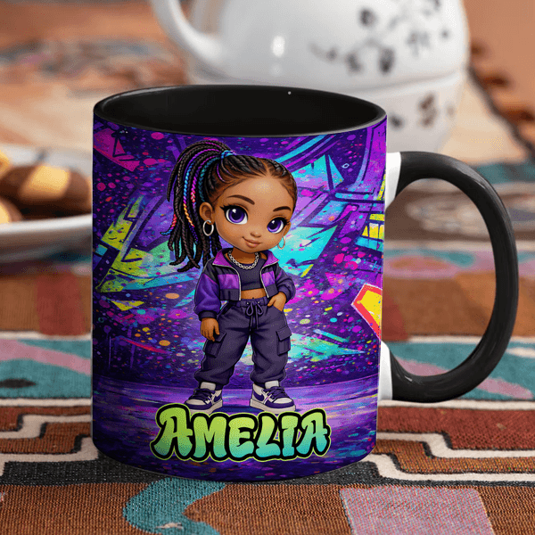 Personalised Graffiti Style Cartoon Character Ceramic Coffee Mug with Name Daily Use Back to School Birthday Gift for Girls Graffiti Lovers