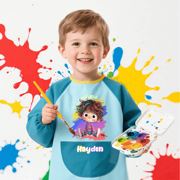 Personalize Cartoon Character Vibrant Paint-Splash Pattern Waterproof Long Sleeve Apron with Name and Pocket Birthday Gift for Kid