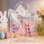 Personlig Happy Easter Y2K Bunny Transparent presentpåse med namn och rosa rosettband Äggjakt Festprylar Påskpresent till barn