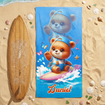 Personalisiertes Cartoon-Surf-Tier Strandtuch | mit Namen | schnelltrocknend | Sommer Urlaub Pool Geburtstag Geschenk für Kinder