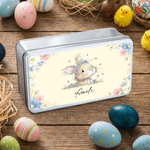 Personalized Cute Floral Wreath Bunny Biscuit Tin Box with Name Storage Accessories Easter Party Gift for Boys Girls