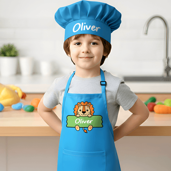 Personalized Cute Animal Adjustable Kid Apron Chef Hat Set with Pocket and Name for Cooking Birthday Gift for Boys Girls