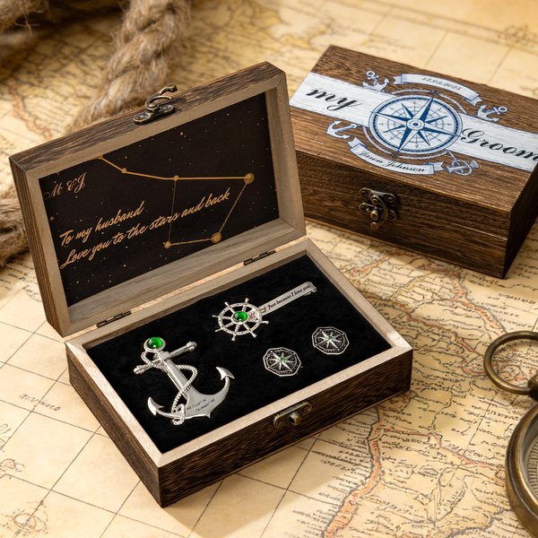 Set di gioielli personalizzati con stella polare con pietra di nascita e testo Abito formale Regalo di nozze essenziale per il testimone dello sposo