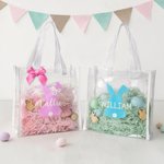 Personalised Cute Bunny Silhouette Reusable Transparent Tote Bag with Handle and Name Egg Hunting Party Easter Gift for Toddlers Kids