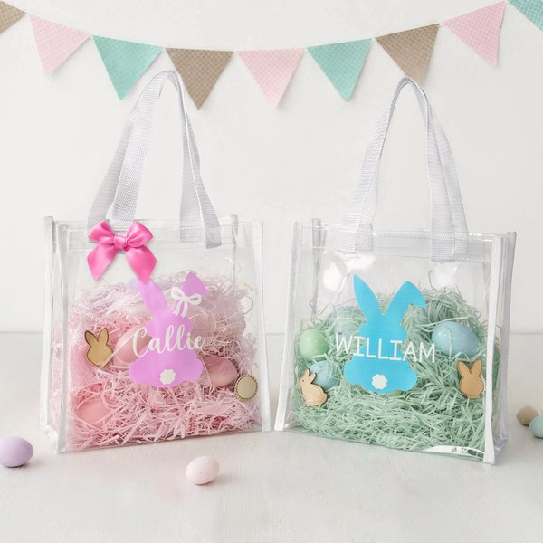 Personalised Cute Bunny Silhouette Reusable Transparent Tote Bag with Handle and Name Egg Hunting Party Easter Gift for Toddlers Kids