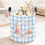 Personalised Cute Easter Bunny Wreath Bow Plaid Laundry Basket with Initial and Name Daily Use Easter Day Gift for Kids