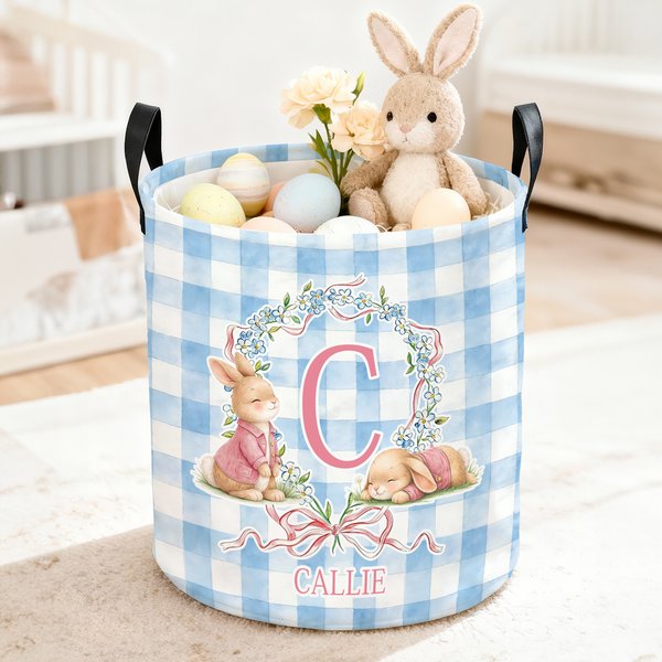 Personalised Cute Easter Bunny Wreath Bow Plaid Laundry Basket with Initial and Name Daily Use Easter Day Gift for Kids