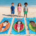 Personalizzato con personaggi dei cartoni animati e motivi di frutta Asciugatura rapida Asciugamano da spiaggia sovradimensionato con nome e borsa con coulisse Regalo quotidiano per gli amici nuotator