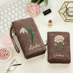 Personalized Pearl Effect Birth Flower Tri-Fold PU Leather Wristlet Wallet with Card Holder and Name Daily Use Birthday Anniversary Gift for Women