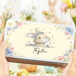 Personalized Cute Floral Wreath Bunny Biscuit Tin Box with Name Storage Accessories Easter Party Gift for Boys Girls