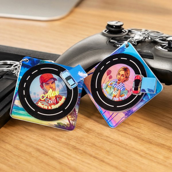 Personalized Neon Punk Retro Sports Car Photo Rotating Vinyl Record Keychain with Name Text and NFC Daily Use Birthday Gift for Game Music Lovers