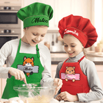 Personalized Cute Animal Adjustable Kid Apron Chef Hat Set with Pocket and Name for Cooking Birthday Gift for Boys Girls