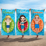 Personalizzato con personaggi dei cartoni animati e motivi di frutta Asciugatura rapida Asciugamano da spiaggia sovradimensionato con nome e borsa con coulisse Regalo quotidiano per gli amici nuotator