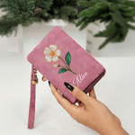 Personalized Pearl Effect Birth Flower Tri-Fold PU Leather Wristlet Wallet with Card Holder and Name Daily Use Birthday Anniversary Gift for Women