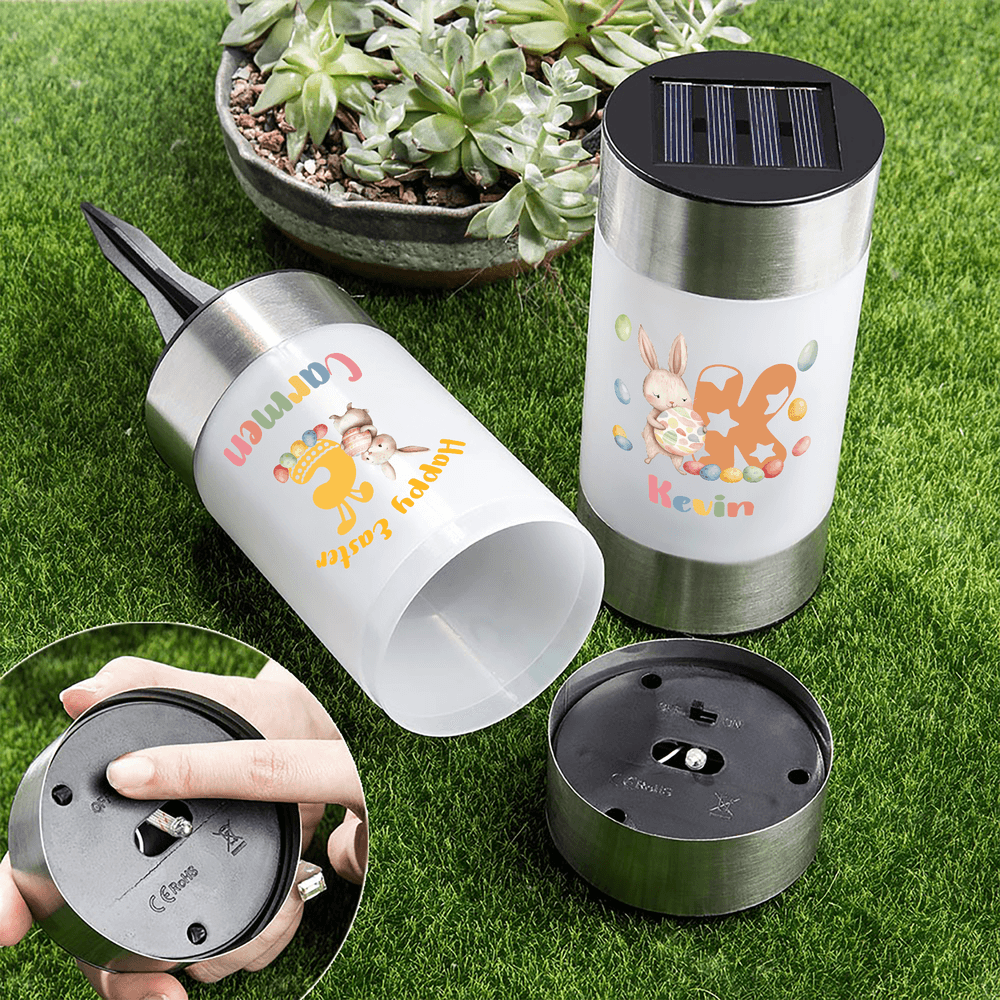 Linterna solar de jardín personalizada con nombre e inicial de conejito de huevo para uso diario Regalo de Pascua para la familia y los niños 8