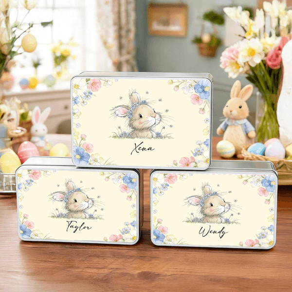 Personalized Cute Floral Wreath Bunny Biscuit Tin Box with Name Storage Accessories Easter Party Gift for Boys Girls