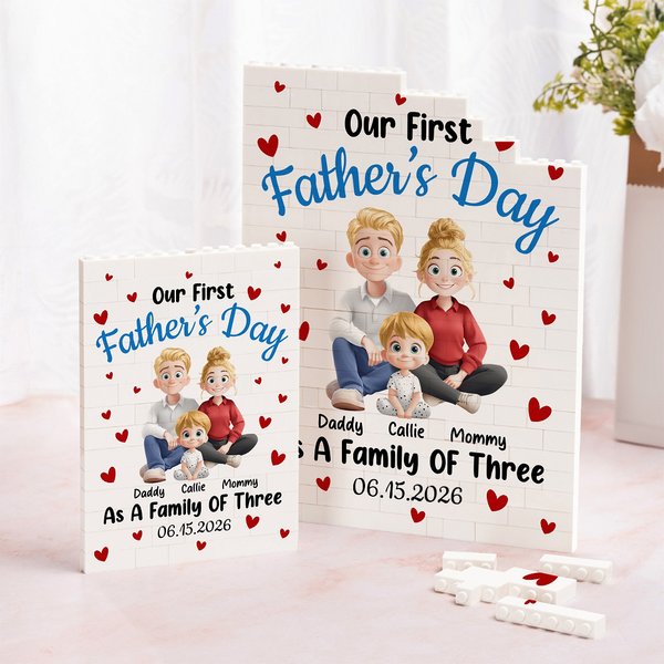 Personalized As A Family of Three Cartoon Characters Building Brick Puzzles with Name and Date Home Decor Father's Day Gift for Dad Family