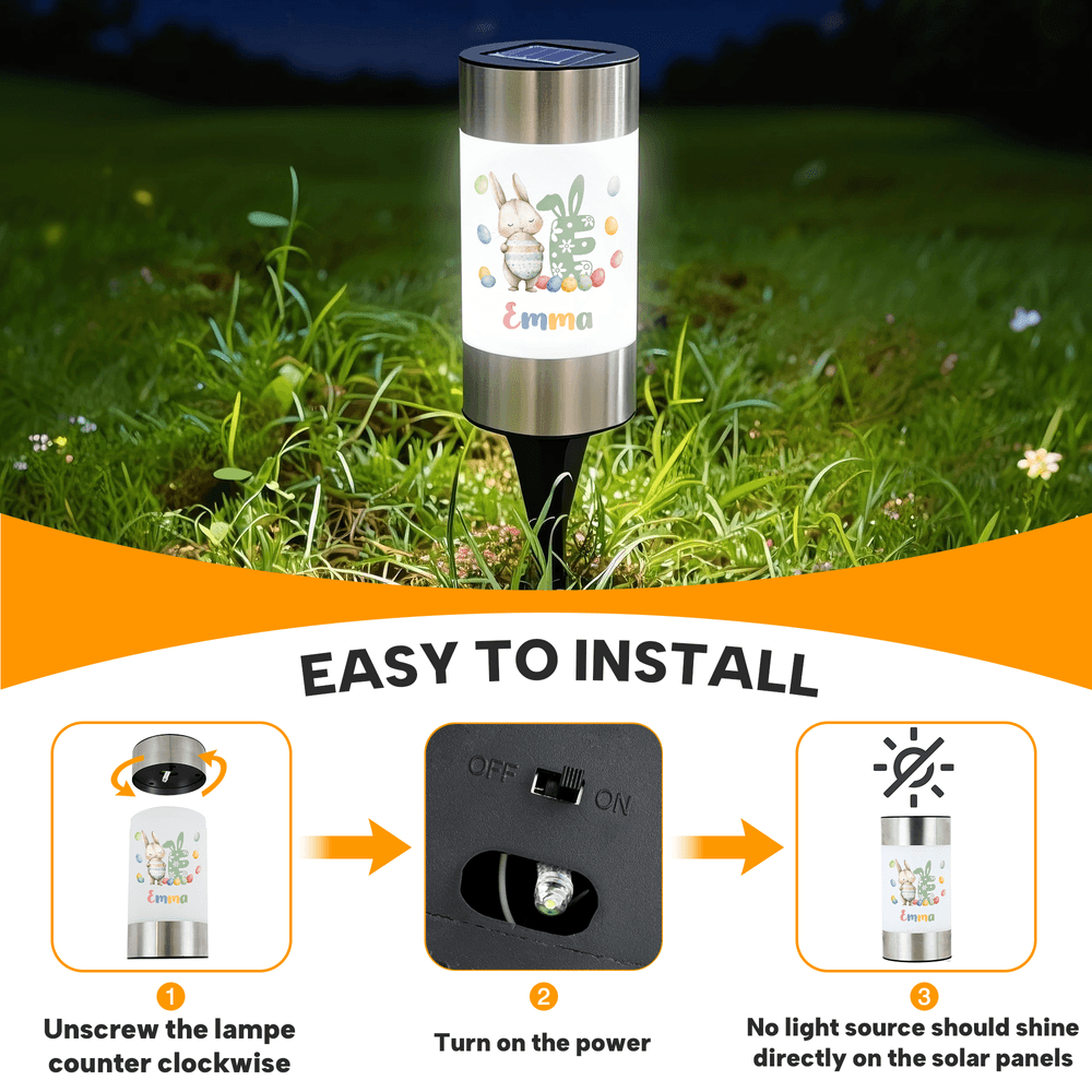 Linterna solar de jardín personalizada con nombre e inicial de conejito de huevo para uso diario Regalo de Pascua para la familia y los niños 10