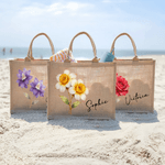 Sac en jute personnalisé avec nom et fleur de naissance - Cadeau d'anniversaire vacances pour les femmes