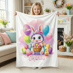 Personalised Happy Easter Cute Bunny Chick Balloon Soft Throw Blanket with Name Home Decor Easter Gift for Kids
