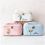 Personalized Birth Flower PU Leather Wide Opening Cosmetic Bag with Name Travel Storage Birthday Gift for Women