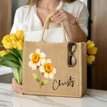 Sac en jute personnalisé avec nom et fleur de naissance - Cadeau d'anniversaire vacances pour les femmes