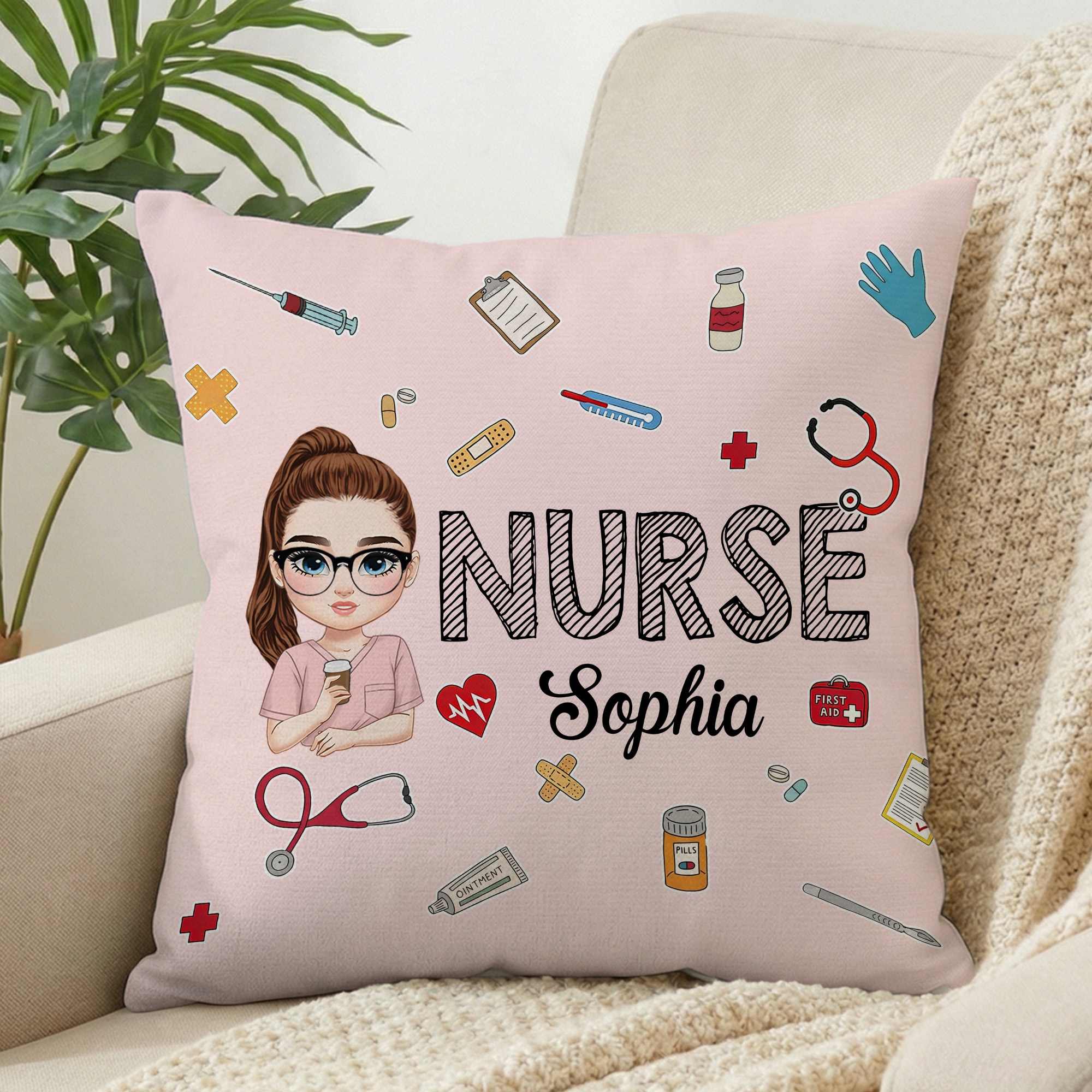Personalisierte Cartoon Arzt Krankenschwester Charakter weiches Kissen Abdeckung mit Namen Krankenschwester Woche dankend Geburtstagsgeschenk für medizinisches Personal