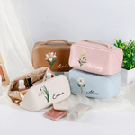 Personalized Birth Flower PU Leather Wide Opening Cosmetic Bag with Name Travel Storage Birthday Gift for Women