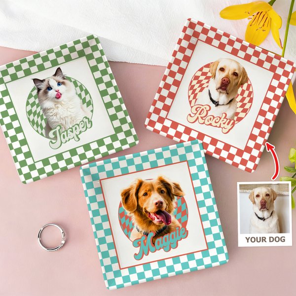 Personalized Oil Painting Style Pet Photo Checkered Square Ceramic Jewellery Dish with Name Pet Memorial Day Gift for Pet Owners Lovers
