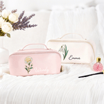 Personalized Birth Flower PU Leather Wide Opening Cosmetic Bag with Name Travel Storage Birthday Gift for Women