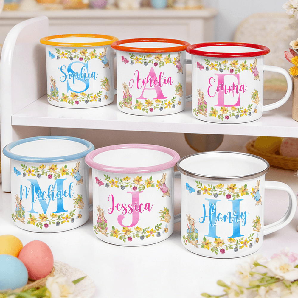 Personalized Watercolor Peter Rabbit Colorful Enamel Mug with Name and Initial for Camping Daily Drinking Easter Gift for Kids 1