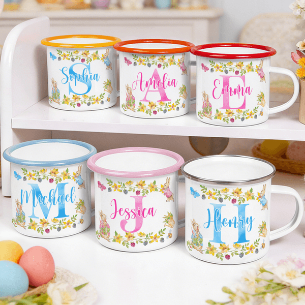 Personalised Watercolour Peter Rabbit Colourful Enamel Mug with Name and Initial for Camping Daily Drinking Easter Gift for Kids