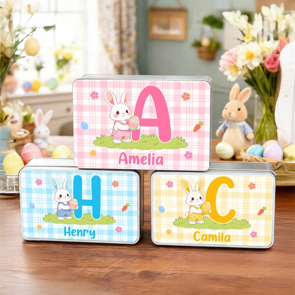 Personalised Cute Easter Bunny Holding Easter Egg Multicolor Biscuit Tin Box with Name and Initial Easter Party Gift for Kids