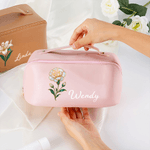 Personalizado Nacimiento Flor PU Cuero Amplia Apertura Bolsa de cosméticos con el nombre de viaje de almacenamiento de regalo de cumpleaños para las mujeres