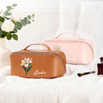 Personalized Birth Flower PU Leather Wide Opening Cosmetic Bag with Name Travel Storage Birthday Gift for Women