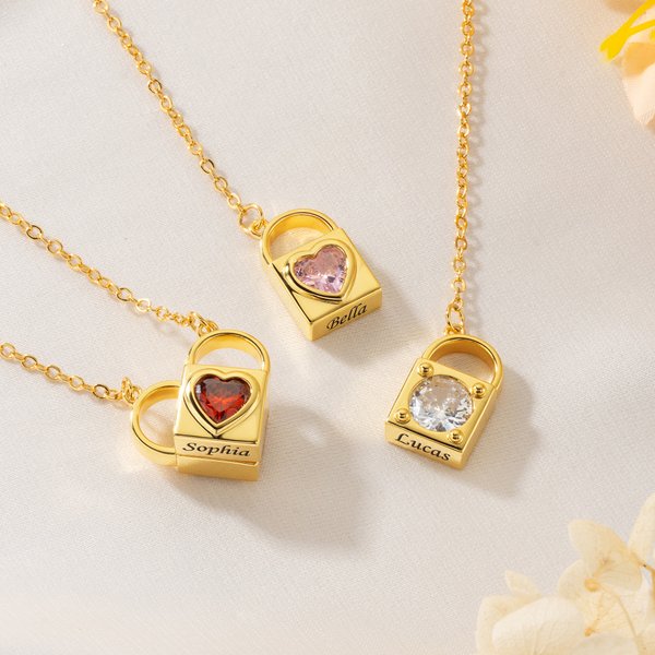 Personalisierte Liebe Schloss Herz Birthstone Medaillon Halskette mit Namen zierlichen Schmuck Geburtstag Jahrestag Geschenk für Frauen
