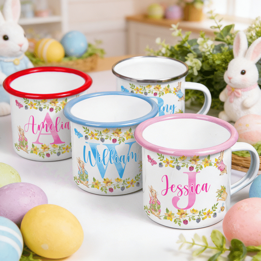 Personalized Watercolor Peter Rabbit Colorful Enamel Mug with Name and Initial for Camping Daily Drinking Easter Gift for Kids 5